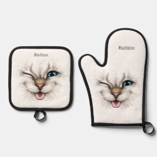 Individuelle Name Winking Cat Ofenhandschuh & Topflappen-Set
