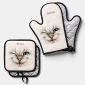 Individuelle Name Winking Cat Ofenhandschuh & Topflappen-Set (Vorderseite/Rückseite)