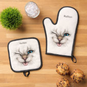 Individuelle Name Winking Cat Ofenhandschuh & Topflappen-Set (Oben Unten)