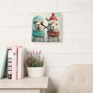 Individuelle Name Winter Llamas Quadratische Wanduhr