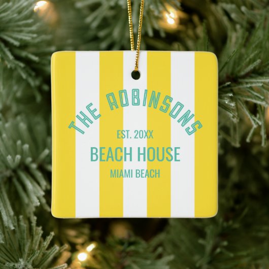 Individuelle Name Yellow Cabana Strip Keramikornament (Baum)