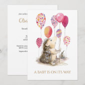 Individueller Igel mit rosa Ballon Babydusche Einladung (Vorne/Hinten)