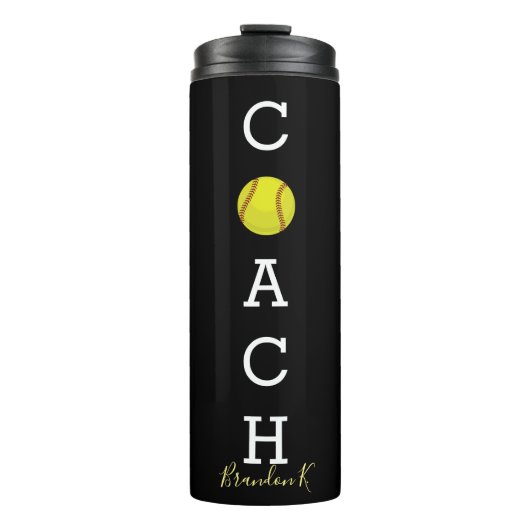 Individueller Namesoftball-Trainer-Schwarzes Thermosbecher (Vorderseite)