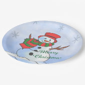 Individueller Schneemann auf Schnee und Schneefloc Pappteller (Schrägansicht)