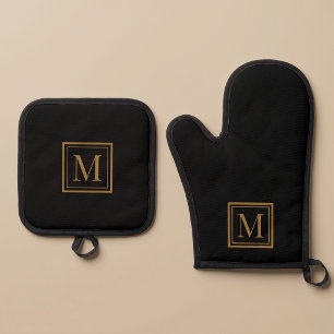 Individueller schwarzer & goldener gerahmter Monog Ofenhandschuh & Topflappen-Set
