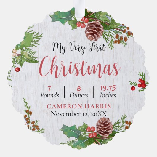 Individuelles 2-seitiges Rustic Baby's 1. Weihnach Ornament Karte (Rückseite)