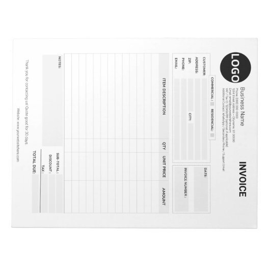 Individuelles Angebot und Rechnungsformular Notizblock (Vorderseite)