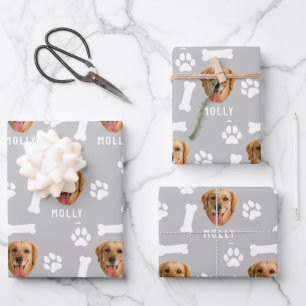 Individuelles Hunde-Foto & Name Grau Geschenkpapier Set