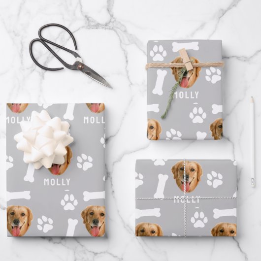 Individuelles Hunde-Foto & Name Grau Geschenkpapier Set (Vorderseite)