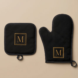 Individuelles Monogramm mit schwarzem und goldenem Ofenhandschuh & Topflappen-Set