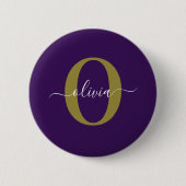 Individuelles Monogramm-Skript Name Lila Weiß Gold Button (Vorderseite)