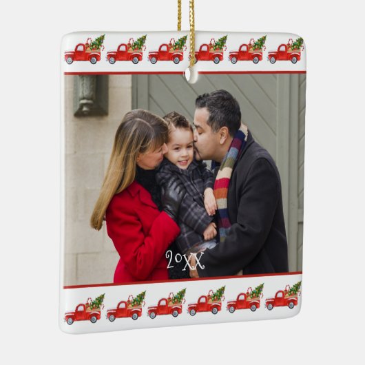 Individuelles zweiseitiges Foto Red Truck Weihnach Keramikornament (Rechts)