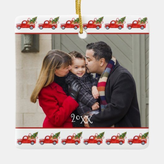 Individuelles zweiseitiges Foto Red Truck Weihnach Keramikornament (Vorderseite)