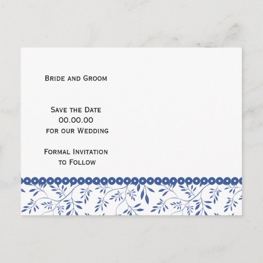 Indizierende blaue Blätter Muster Hochzeit Speiche Ankündigungspostkarte (Rückseite)
