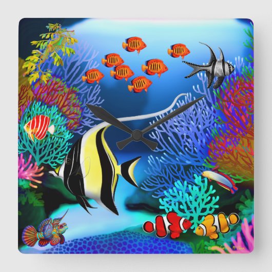 Indo Pacific Coral Reef Fish Wall Clock Quadratische Wanduhr (Vorderseite)