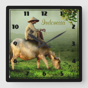 Indonesia Scenic landscape with Buffalo and Farmer Quadratische Wanduhr