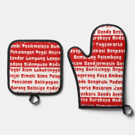 Indonesische Flaggenfarben mit Städten Ofenhandschuh & Topflappen-Set