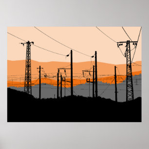 Industrial Sunset Silhouette Power Lines Poster