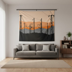 Industrial Sunset Silhouette Power Lines Wandteppich