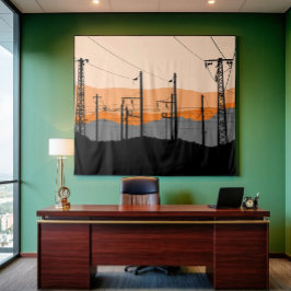 Industrial Sunset Silhouette Power Lines Wandteppich