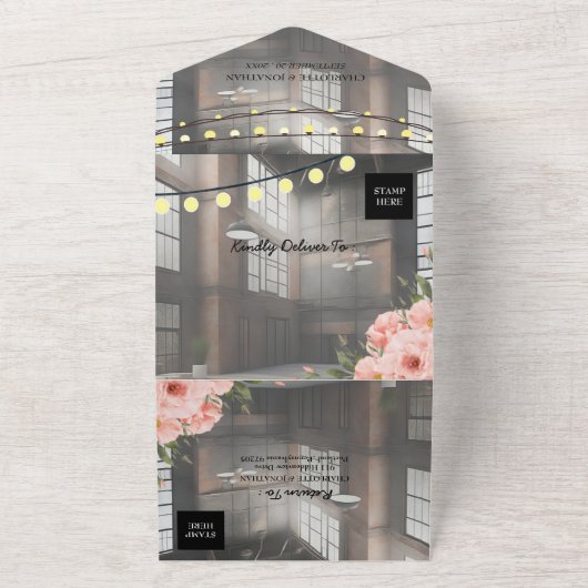 Industrielle Eleganz Moderne schicke Hochzeit All In One Einladung (Außenbereich)