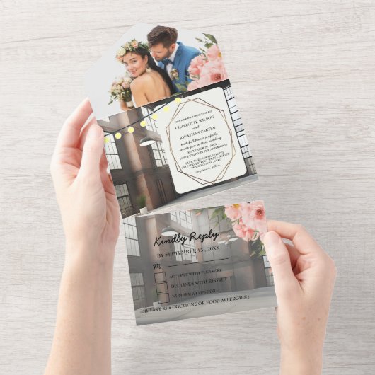 Industrielle Eleganz Moderne schicke Hochzeit All In One Einladung (Abreißen)