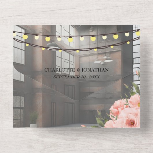 Industrielle Eleganz Moderne schicke Hochzeit All In One Einladung (Rückseite)