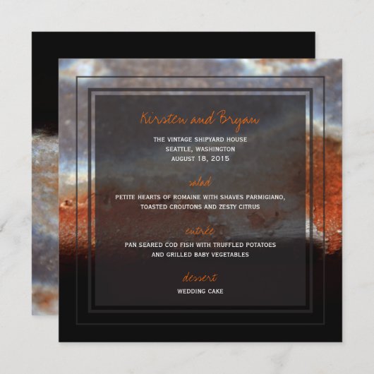 Industrieller Roststahlgrunge-Foto-Hochzeits-Menü Menükarte (Vorne/Hinten)