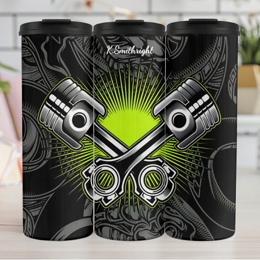 Industriemeblem mit überquerenden Kolben Thermosbecher