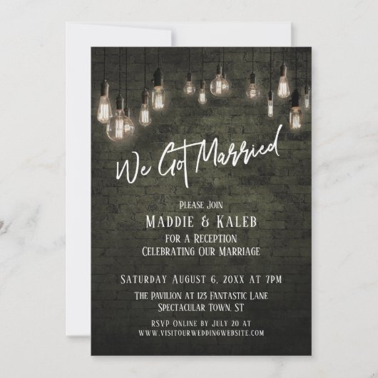 Industriesteine mit Edison Lights Wir Got Verheira Einladung (Vorderseite)