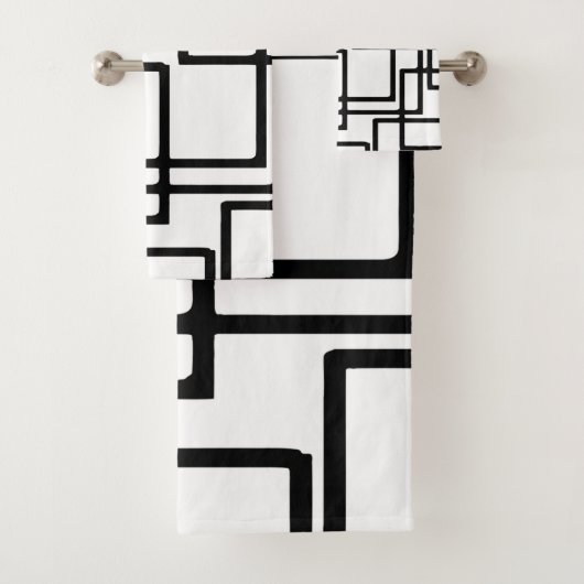 Ineinandergreifende schwarze Quadrate künstlerisch Badhandtuch Set (Insitu)
