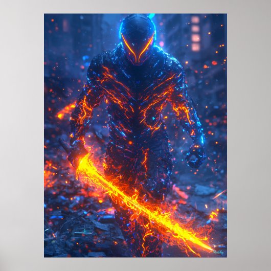 Infernal Cyber Warrior - Neon Fire Samurai Poster (Vorne)