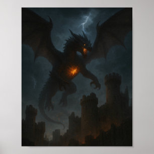 Inferno-Drache über dunklem Schloss Poster