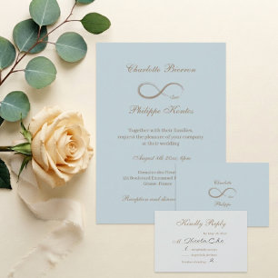 Infinity Sign Dusty Blue Gray Gold Wedding RSVP Einladung