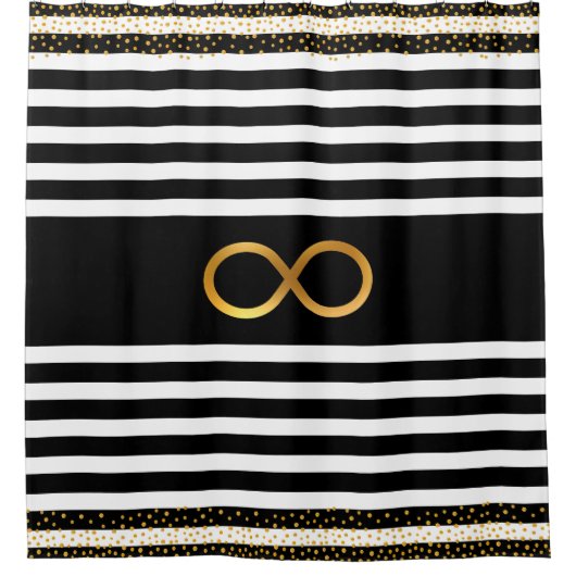 Infinity Symbol & Gold Confetti auf Schwarz & Weiß Duschvorhang (Vorderseite)