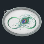 Infinity Symbol with Peacock Feather Ovale Gürtelschnalle<br><div class="desc">The symbol of infinity with a bright,  green,  artistic peacock feather on a white background. Tattoo style.</div>