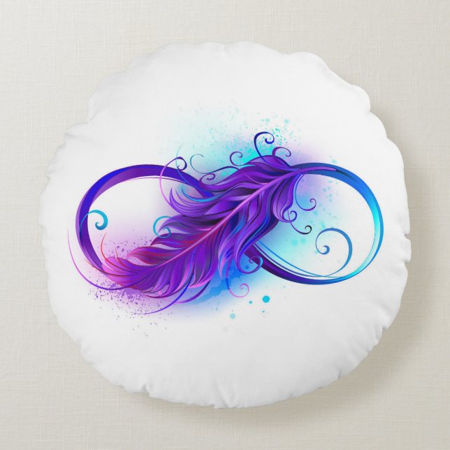 Infinity with Purple Feather Rundes Kissen (Vorderseite)