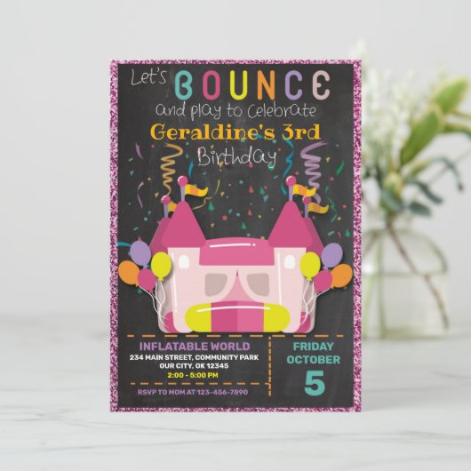 INFLATABLE BOUNCE SLIDE CASTLE BIRTHDAY INVITATION EINLADUNG (Stehend Vorderseite)