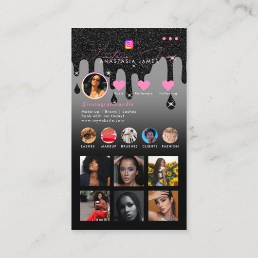 Influencer-Foto Fütterte Social Media Black Glitze Visitenkarte (Rückseite)