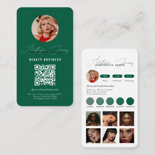 Influencer Füttre Grid Social Media QR Code Green Visitenkarte (Vorne/Hinten)