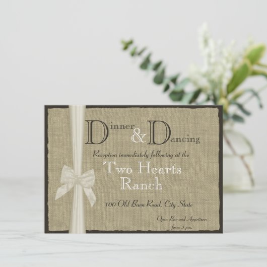 Info-Card für Rustic Burlap- und Bow-Empfang Einladung (Stehend Vorderseite)
