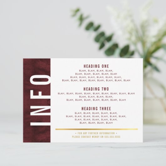 INFO DETAILS Fettblock Modernes Rotmarogold RSVP Karte (Stehend Vorderseite)