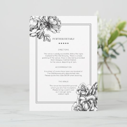 Info-Karte für Blumenzehen in Schwarz und Weiß Einladung (Stehend Vorderseite)