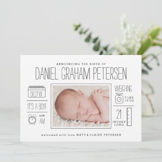 Infographic Birth Announcement for Baby Boy Ankündigung (Stehend Vorderseite)