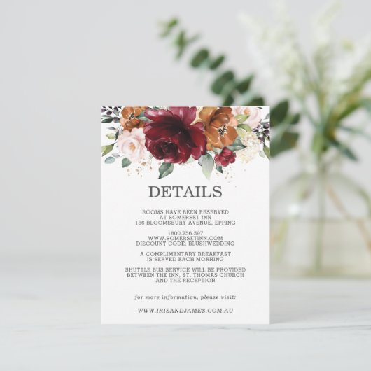 Informationen zu Burgundy Floral Wedding Begleitkarte (Stehend Vorderseite)