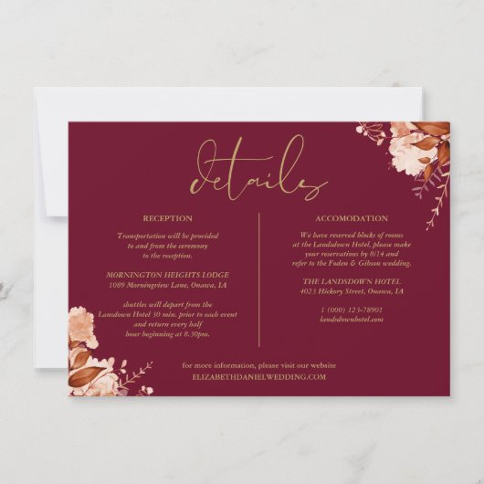 Informationen zu Burgundy Gold Floral Wedding Einladung (Vorderseite)