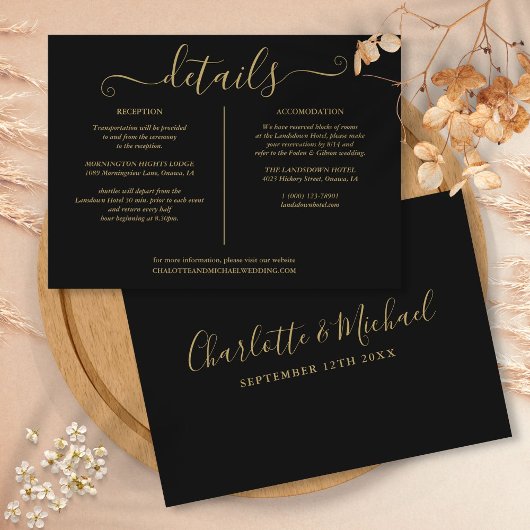 Informationen zu Schwarz-Gold-Script-Hochzeiten Begleitkarte