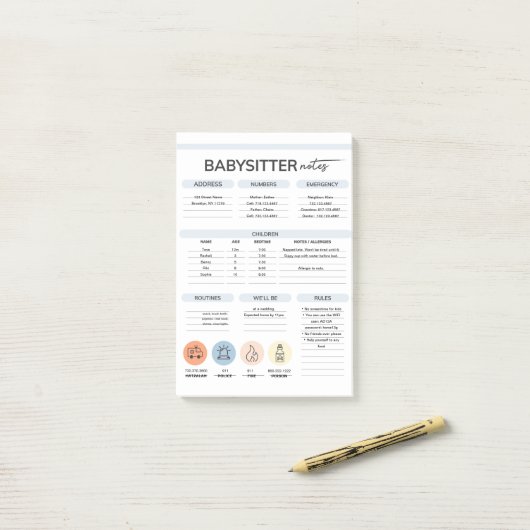 Informationen zum Babysitter Post-it Klebezettel (Auf Schreibtisch)