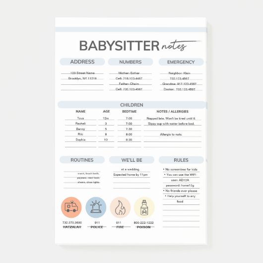 Informationen zum Babysitter Post-it Klebezettel (Vorderseite)