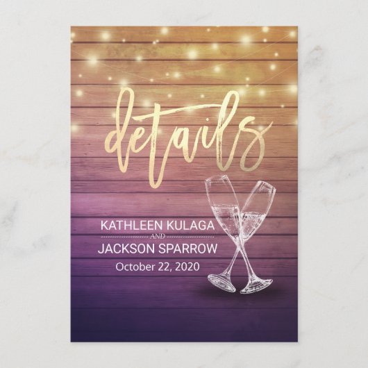 Informationen zur Hochzeit Champagne Glasses Wood Begleitkarte (Vorderseite)